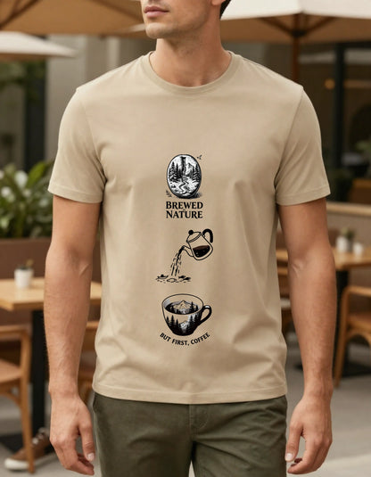 But First Coffee Beige Cotton T-Shirt