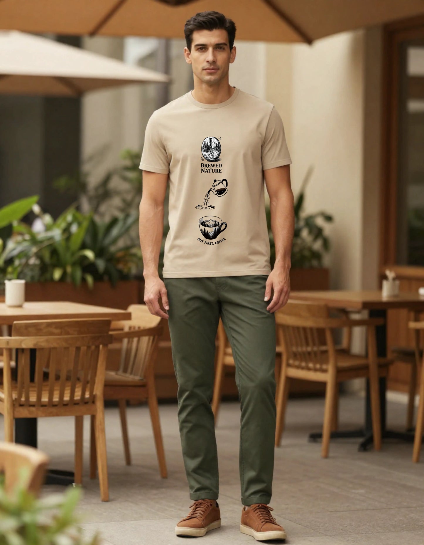 But First Coffee Beige Cotton T-Shirt