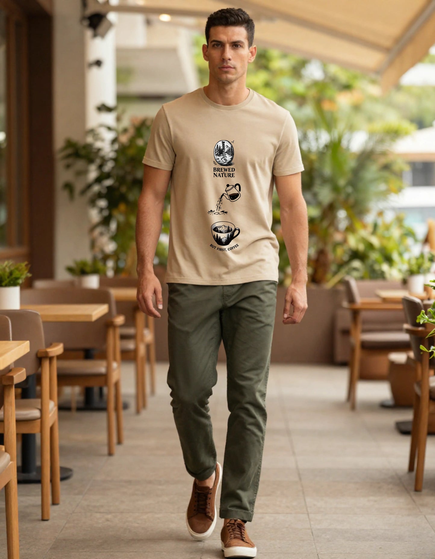 But First Coffee Beige Cotton T-Shirt