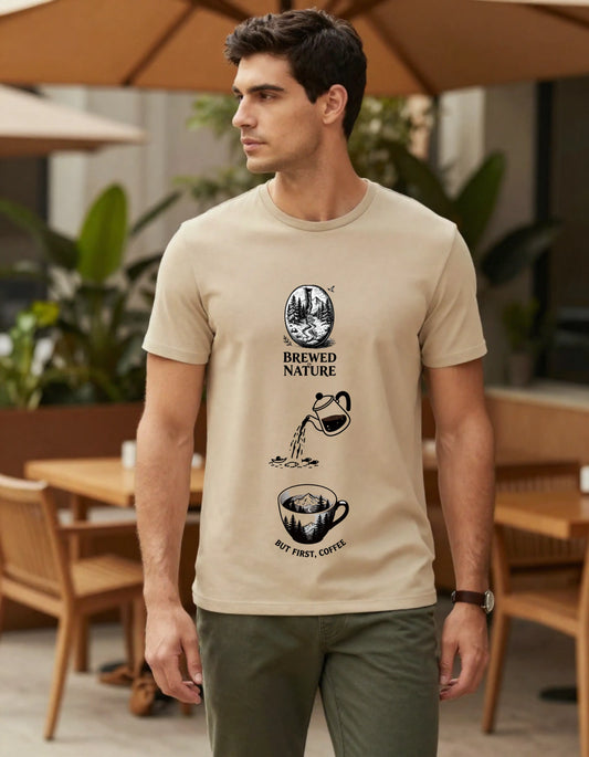 But First Coffee Beige Cotton T-Shirt